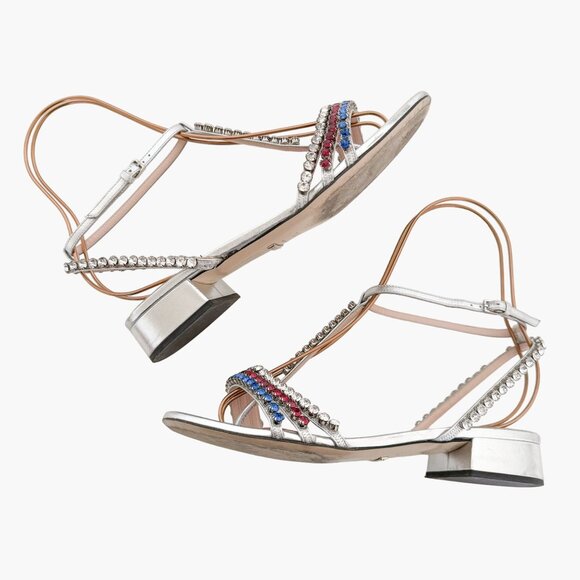 Gucci Bertie Crystal T-Strap Flat Sandals EU 37.5 US 7.5 Silver Red White Blue - Picture 7 of 13